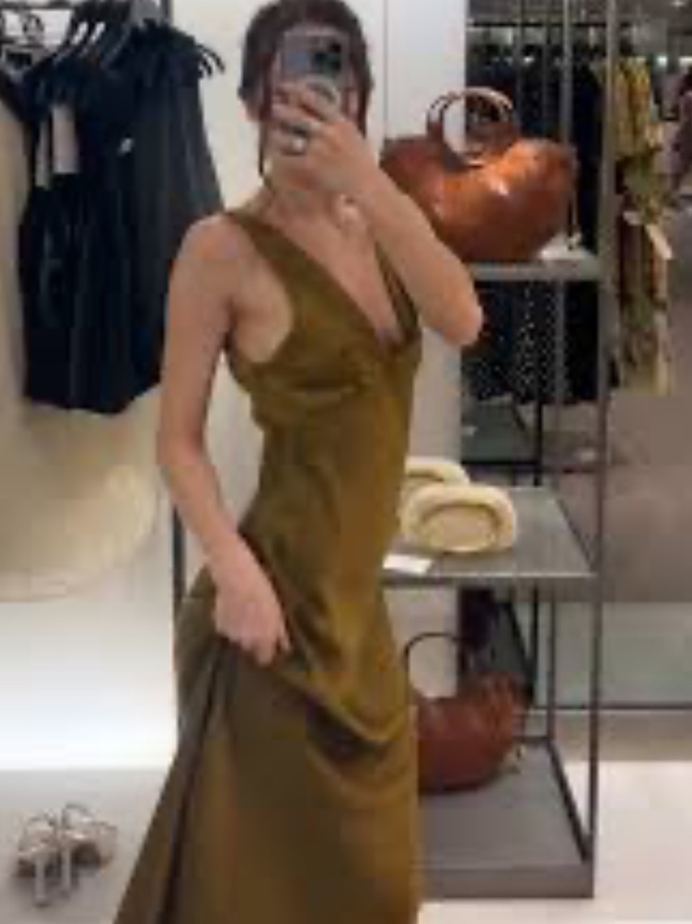 NWT!! Zara Olive-Gold Satin V-Neck Maxi Dress - Picture 6 of 8